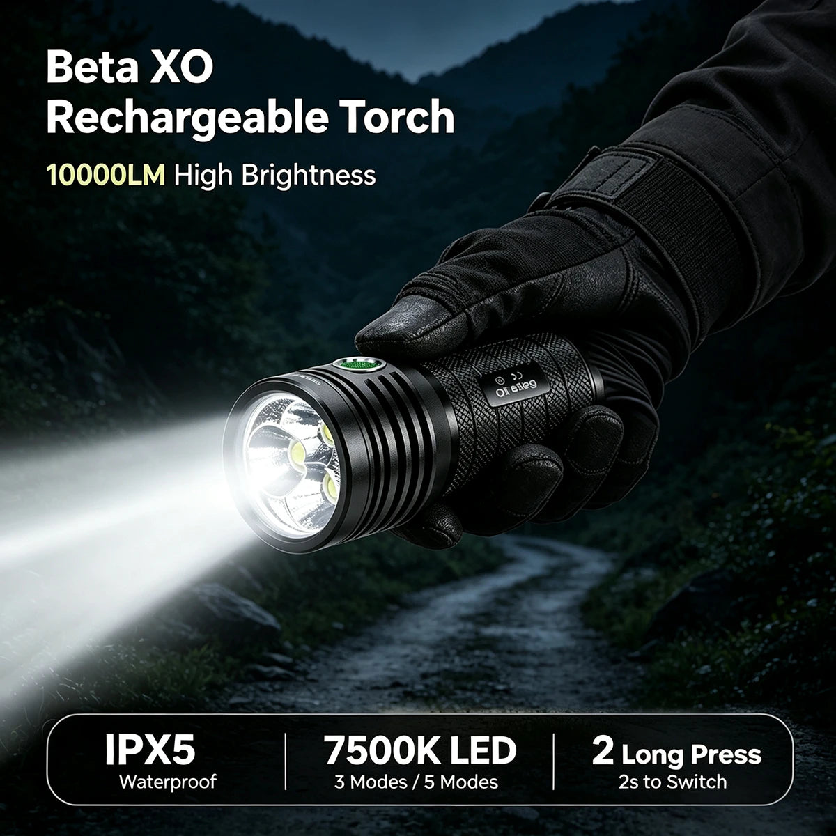 Helius Beta XO Flashlight — 10000LM, 3× XHP50, USB-C Rechargeable, IPX5