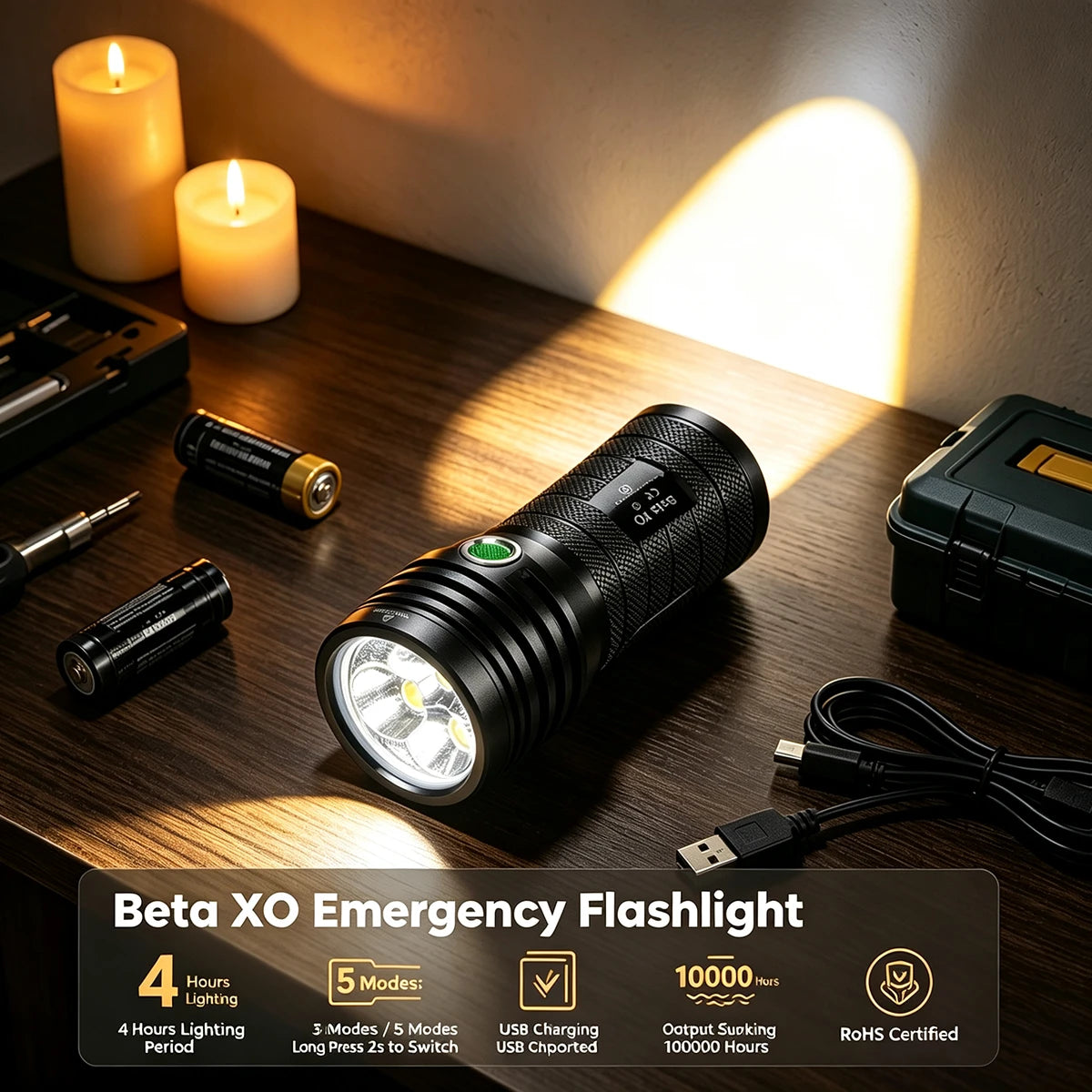 Helius Beta XO Flashlight — 10000LM, 3× XHP50, USB-C Rechargeable, IPX5