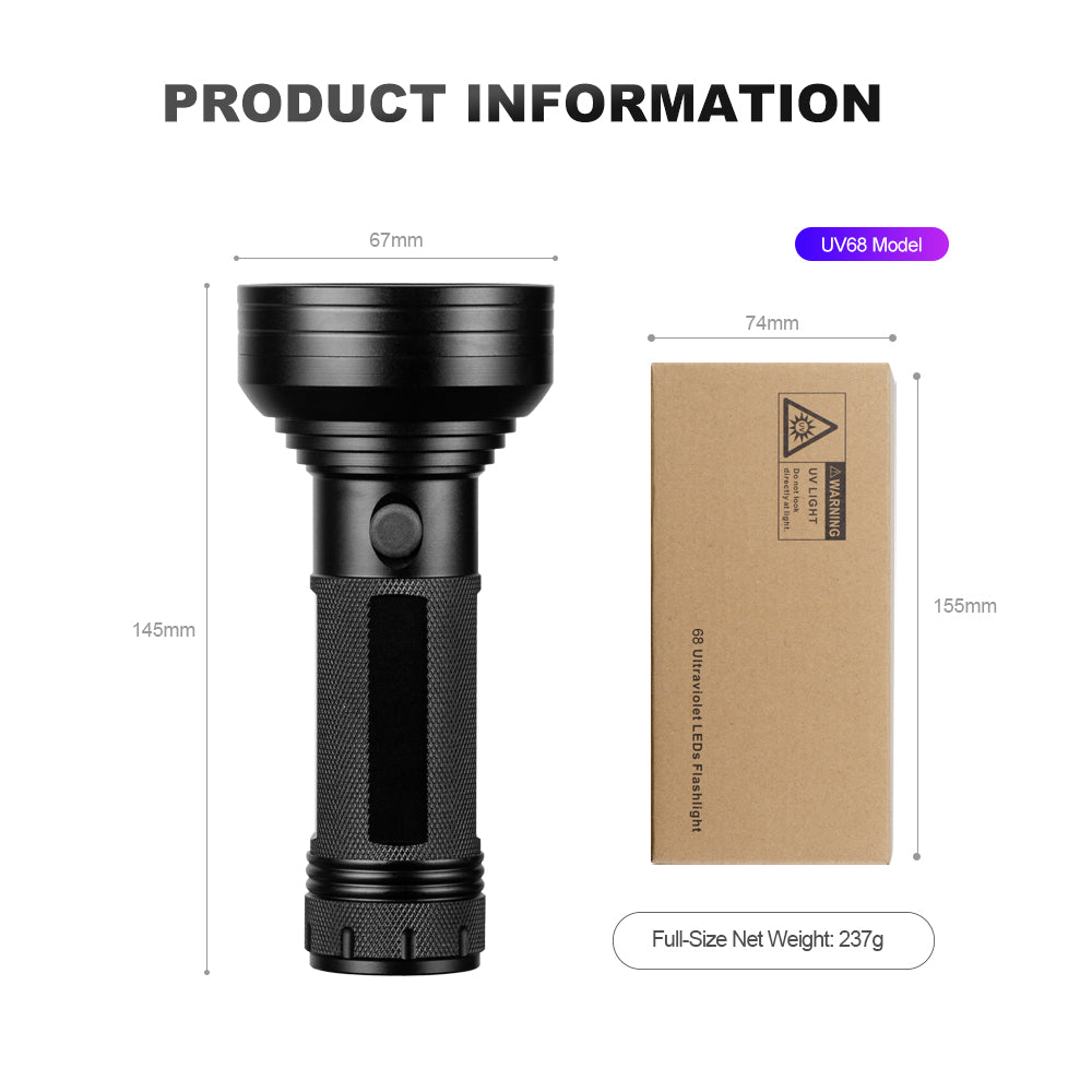 UV51B / UV68 / UV100B Professional UV Flashlight Series (390-400nm) – Fluorescence Detection / Pet Urine / Industrial Inspection