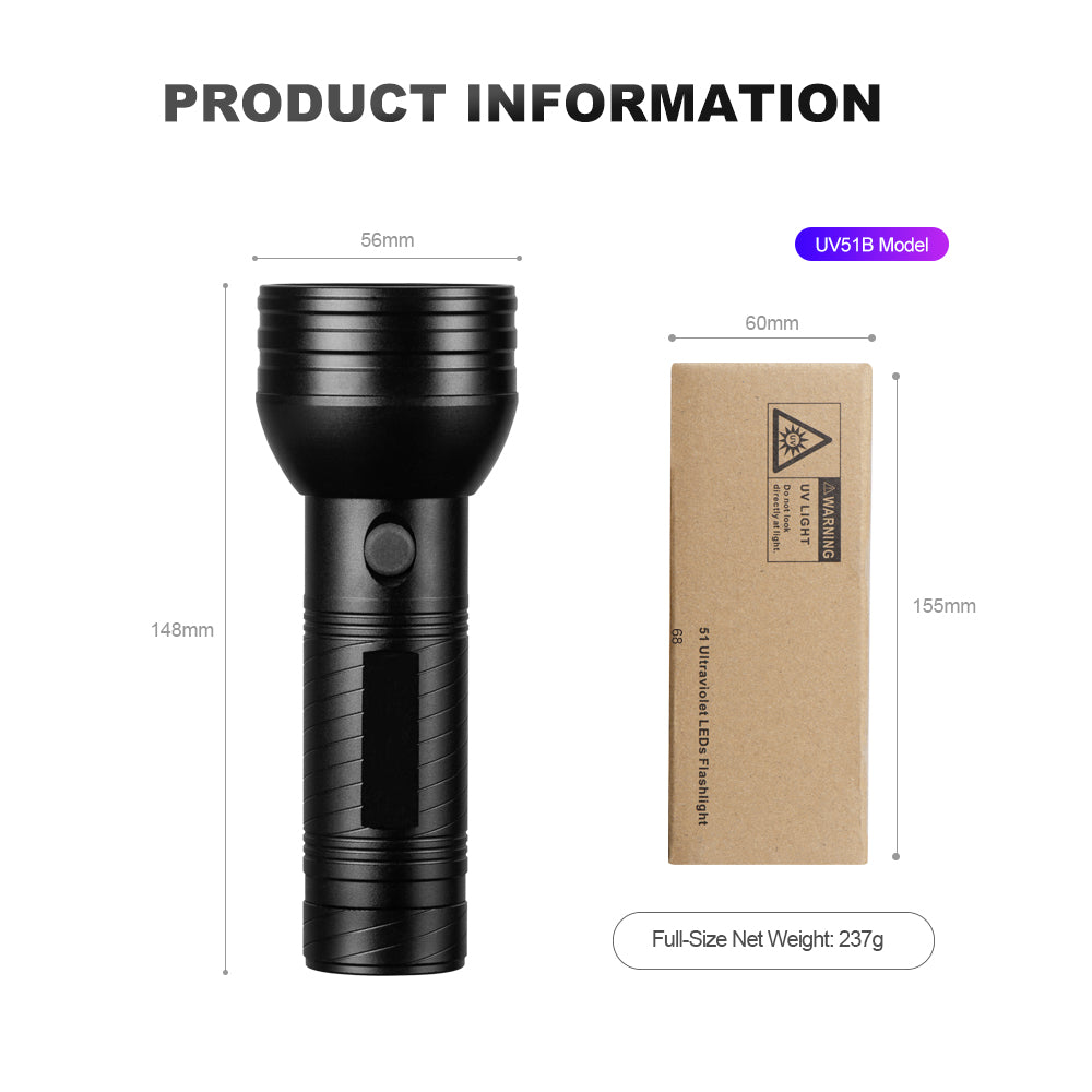 UV51B / UV68 / UV100B Professional UV Flashlight Series (390-400nm) – Fluorescence Detection / Pet Urine / Industrial Inspection