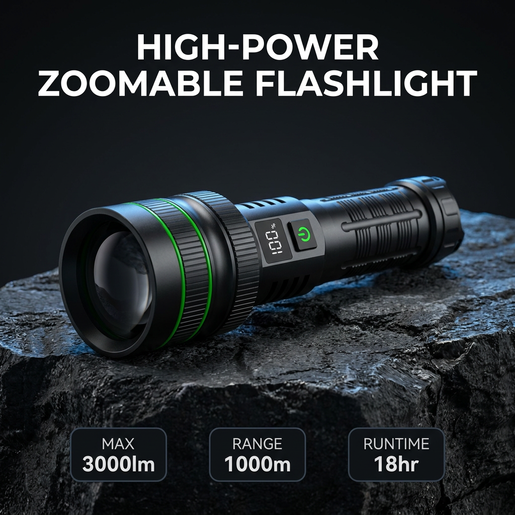Helius XJ01 Zoomable Flashlight — 7070 Laser LED, Type-C, Power Display