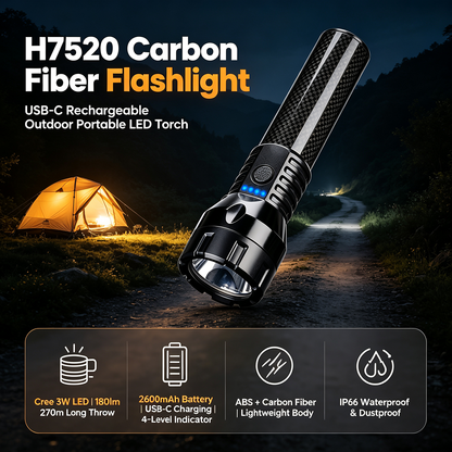 H7520 Ultra-Light Carbon Fiber Flashlight (180lm / 270m Beam) – Perfect for Hiking, Camping & Home Emergency