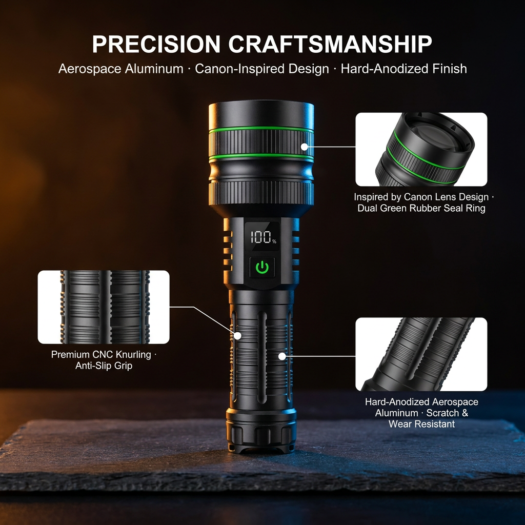 Helius XJ01 Zoomable Flashlight — 7070 Laser LED, Type-C, Power Display