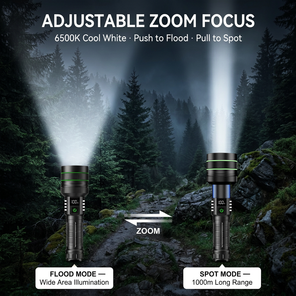 Helius XJ01 Zoomable Flashlight — 7070 Laser LED, Type-C, Power Display