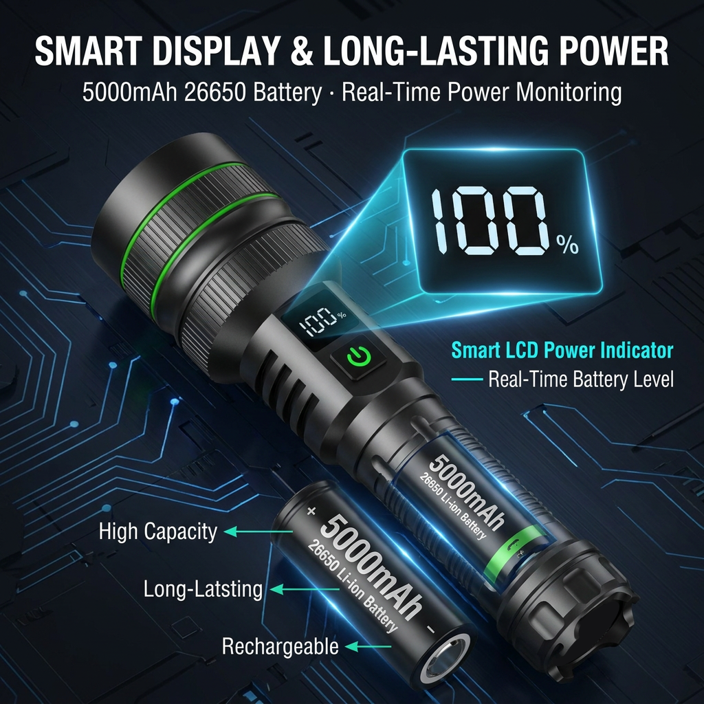 Helius XJ01 Zoomable Flashlight — 7070 Laser LED, Type-C, Power Display