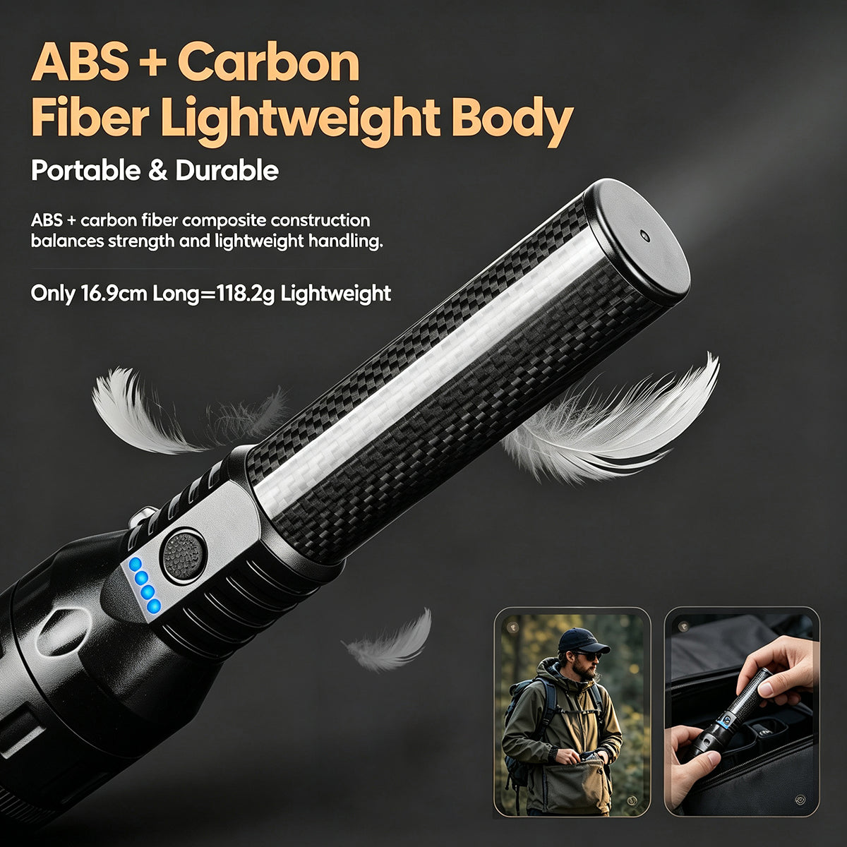 H7520 Ultra-Light Carbon Fiber Flashlight (180lm / 270m Beam) – Perfect for Hiking, Camping & Home Emergency