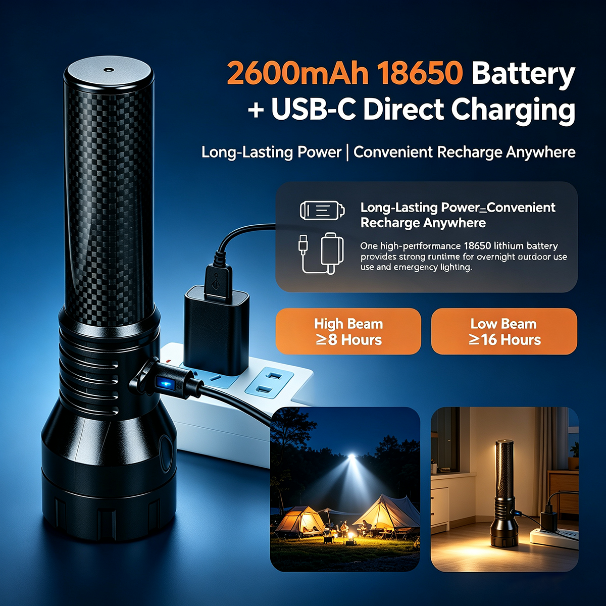 H7520 Ultra-Light Carbon Fiber Flashlight (180lm / 270m Beam) – Perfect for Hiking, Camping & Home Emergency