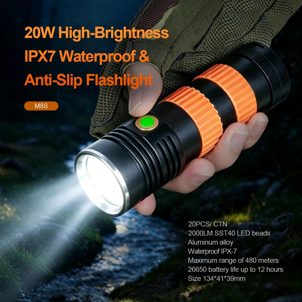 Helius M8S Flashlight — 2000LM SST40, 479m, IPX7, 26650 Battery